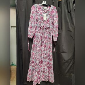 Antik Batik Medium Pink and Purple Ruffled Tie Front Bestie Long Dress Maxidress